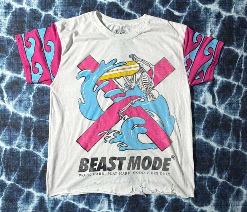 Fresh Laundry Beast Mode Skeleton Surfing Graphic Distressed T-Shirt